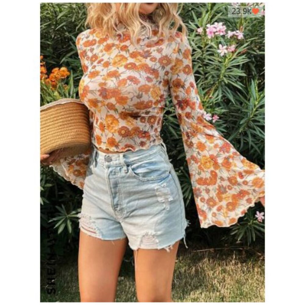 70s style retro floral print long sleeve crop top mesh orange